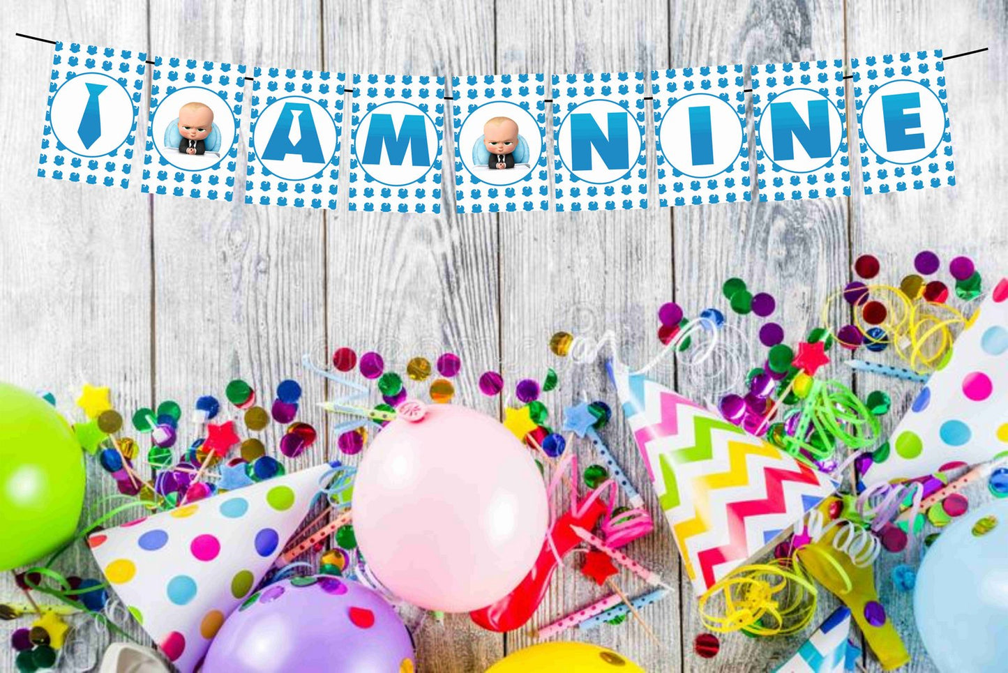Boss Baby Theme I Am Nine 9th Birthday Banner for Photo Shoot Backdrop and Theme Party