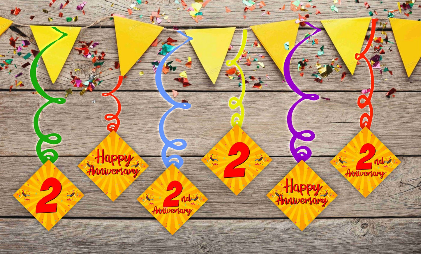 2nd Anniversary Ceiling Hanging Swirls Decorations Cutout Festive Party Supplies (Pack of 6 swirls and cutout)