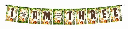 Jungle Theme I Am Three 3rd Birthday Banner for Photo Shoot Backdrop and Theme Party