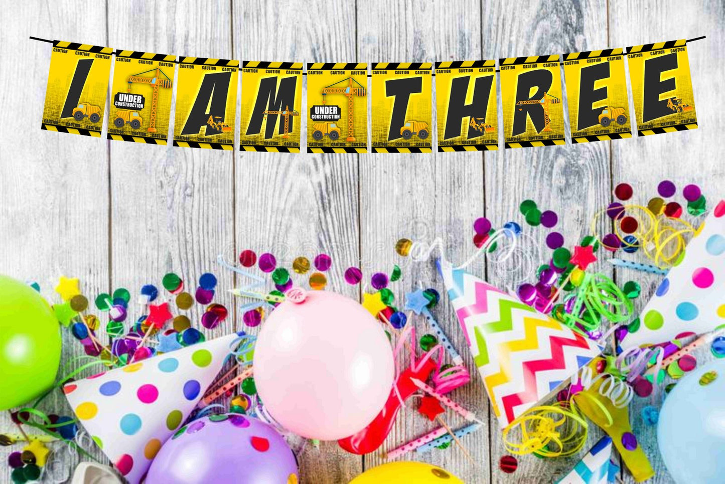 Construction Theme I Am Three 3rd Birthday Banner for Photo Shoot Backdrop and Theme Party