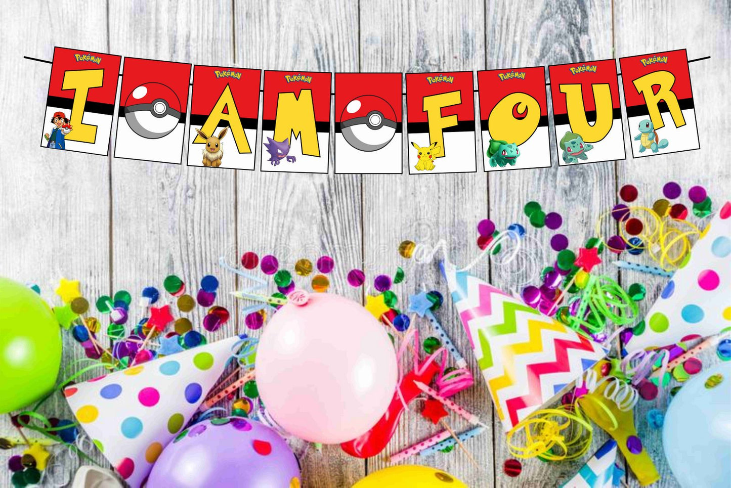 Pokemon I Am Four 4th Birthday Banner for Photo Shoot Backdrop and Theme Party