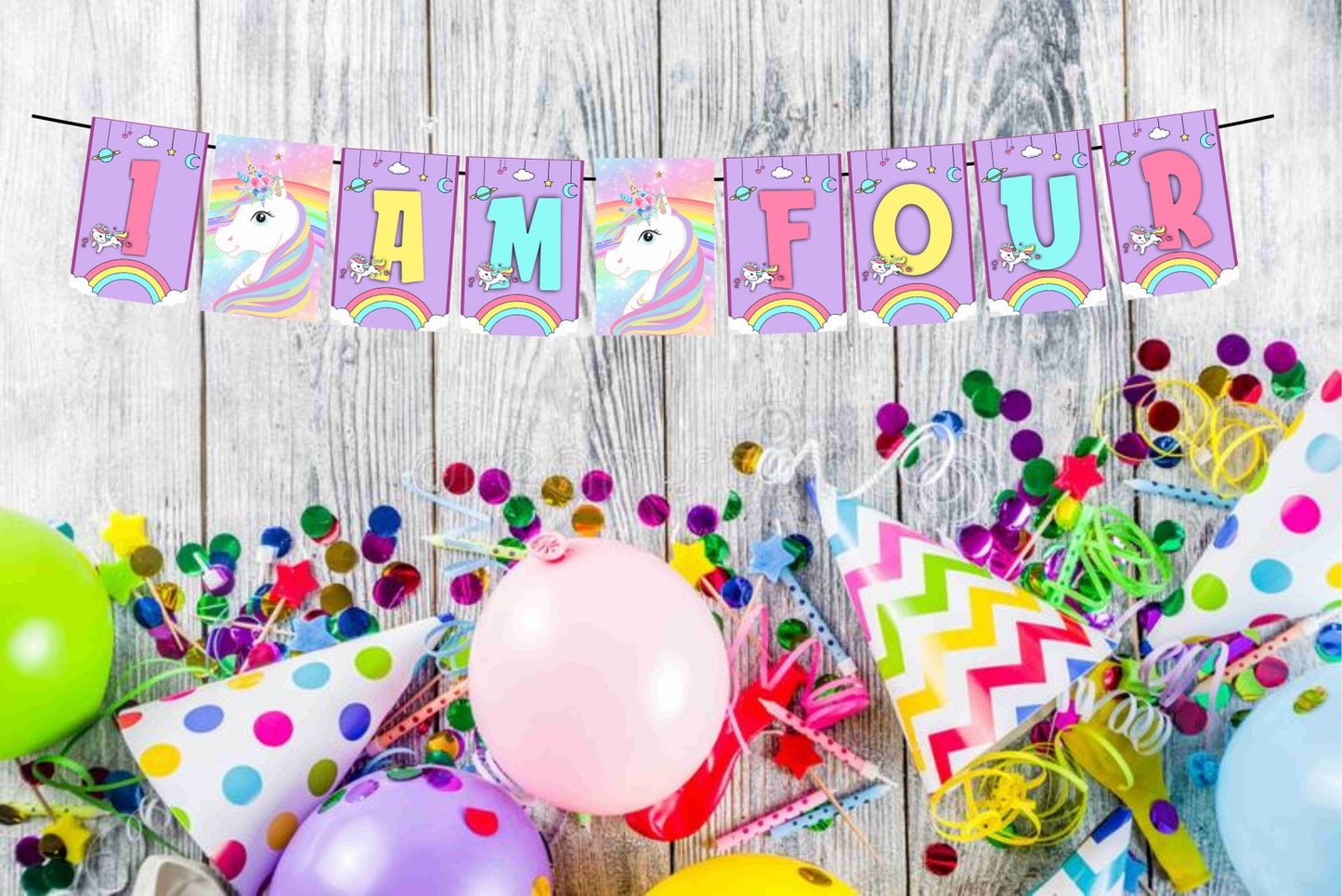 Unicorn Theme I Am Four 4th Birthday Banner for Photo Shoot Backdrop and Theme Party