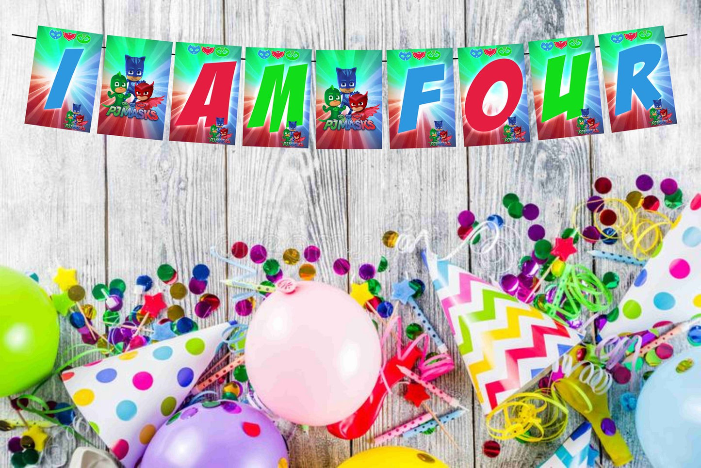 PJ Mask Theme I Am Four 4th Birthday Banner for Photo Shoot Backdrop and Theme Party