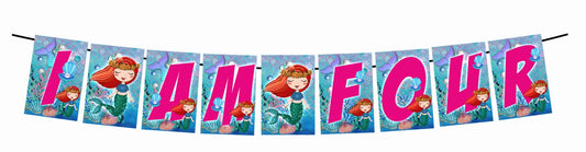 Mermaid Theme I Am Four 4th Birthday Banner for Photo Shoot Backdrop and Theme Party