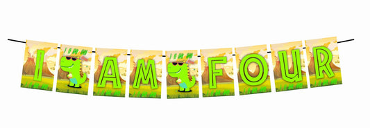 Dinosaur Theme I Am Four 4th Birthday Banner for Photo Shoot Backdrop and Theme Party