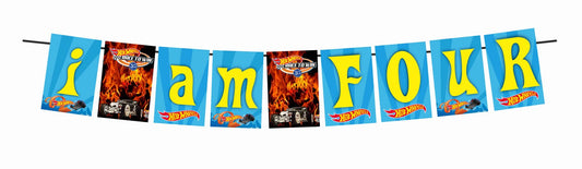 Hot Racing Wheels Theme I Am Four 4th Birthday Banner for Photo Shoot Backdrop and Theme Party