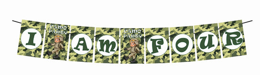 Camo Military I Am Four 4th Birthday Banner for Photo Shoot Backdrop and Theme Party