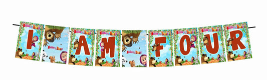 Masha Bear Theme I Am Four 4th Birthday Banner for Photo Shoot Backdrop and Theme Party