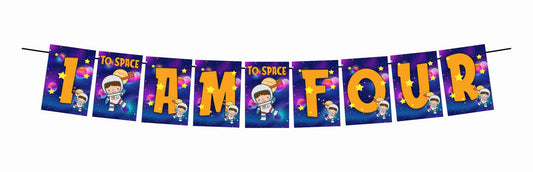 Space Theme I Am Four 4th Birthday Banner for Photo Shoot Backdrop and Theme Party