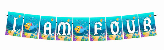 Ocean Underwater I Am Four 4th Birthday Banner for Photo Shoot Backdrop and Theme Party