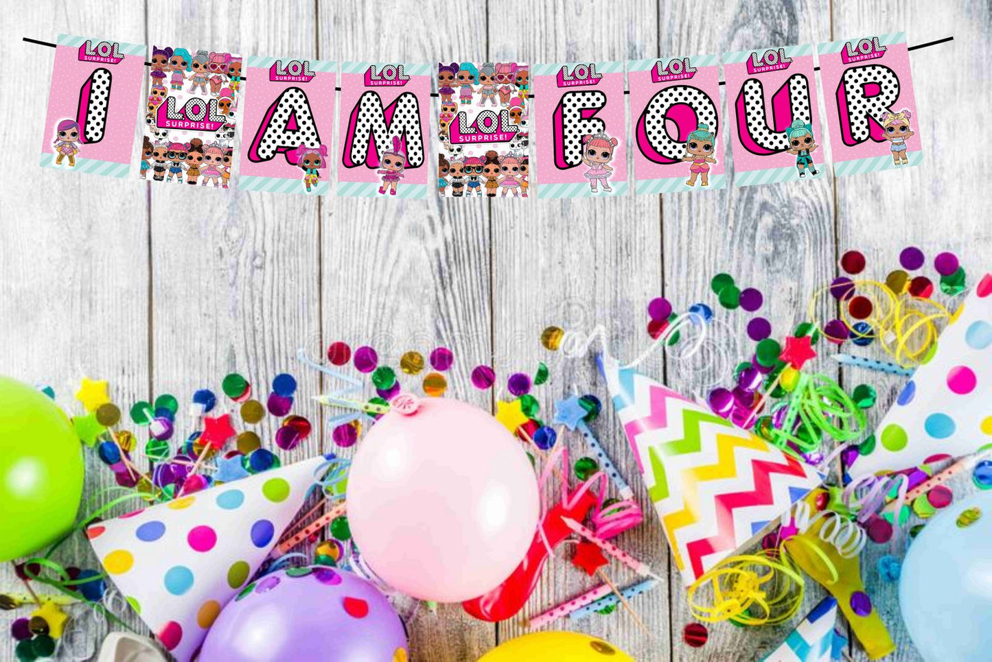 LOL Theme I Am Four 4th Birthday Banner for Photo Shoot Backdrop and Theme Party