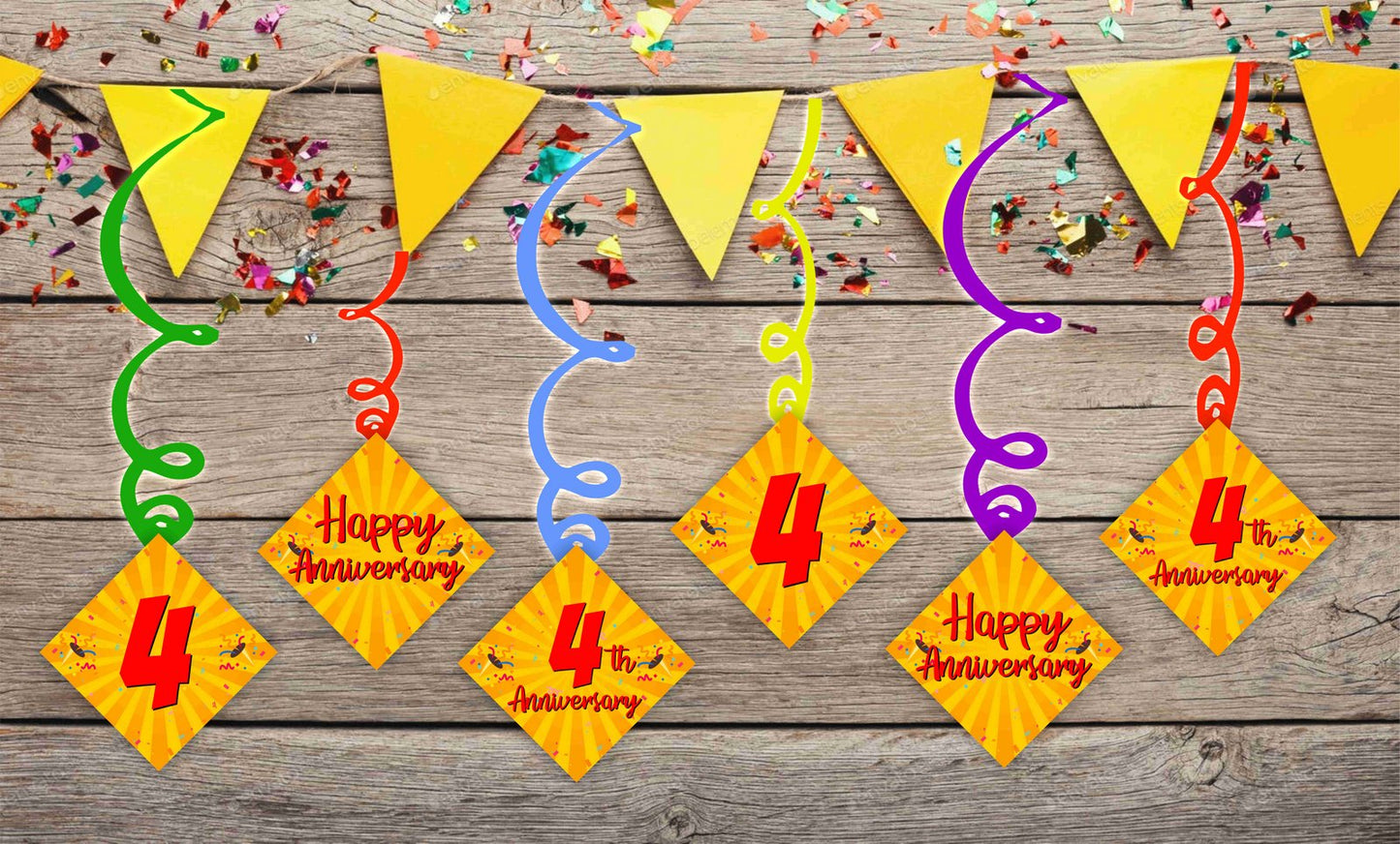 4th Anniversary Ceiling Hanging Swirls Decorations Cutout Festive Party Supplies (Pack of 6 swirls and cutout)