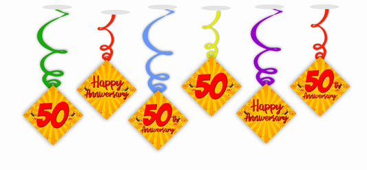 50th Anniversary Ceiling Hanging Swirls Decorations Cutout Festive Party Supplies (Pack of 6 swirls and cutout)