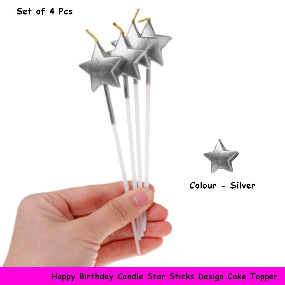 Silver Star Shape Long Stick Candle Metallic Cake Cupcake Candles Cake Candles for Birthday, Wedding Party and Cake Decoration Pack of 4