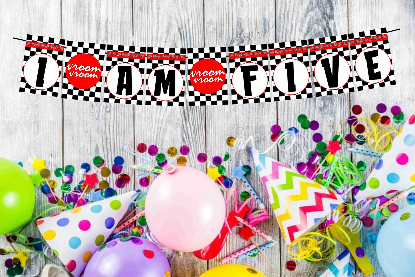 Racing Theme I Am Five 5th Birthday Banner for Photo Shoot Backdrop and Theme Party