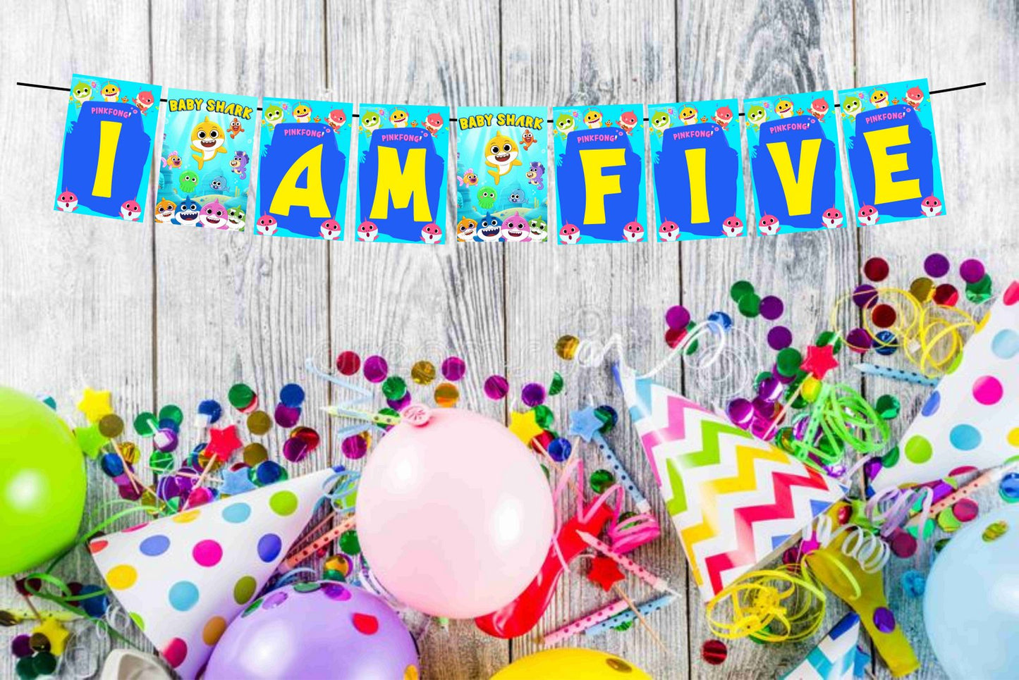Baby Shark Theme I Am Five 5th Birthday Banner for Photo Shoot Backdrop and Theme Party