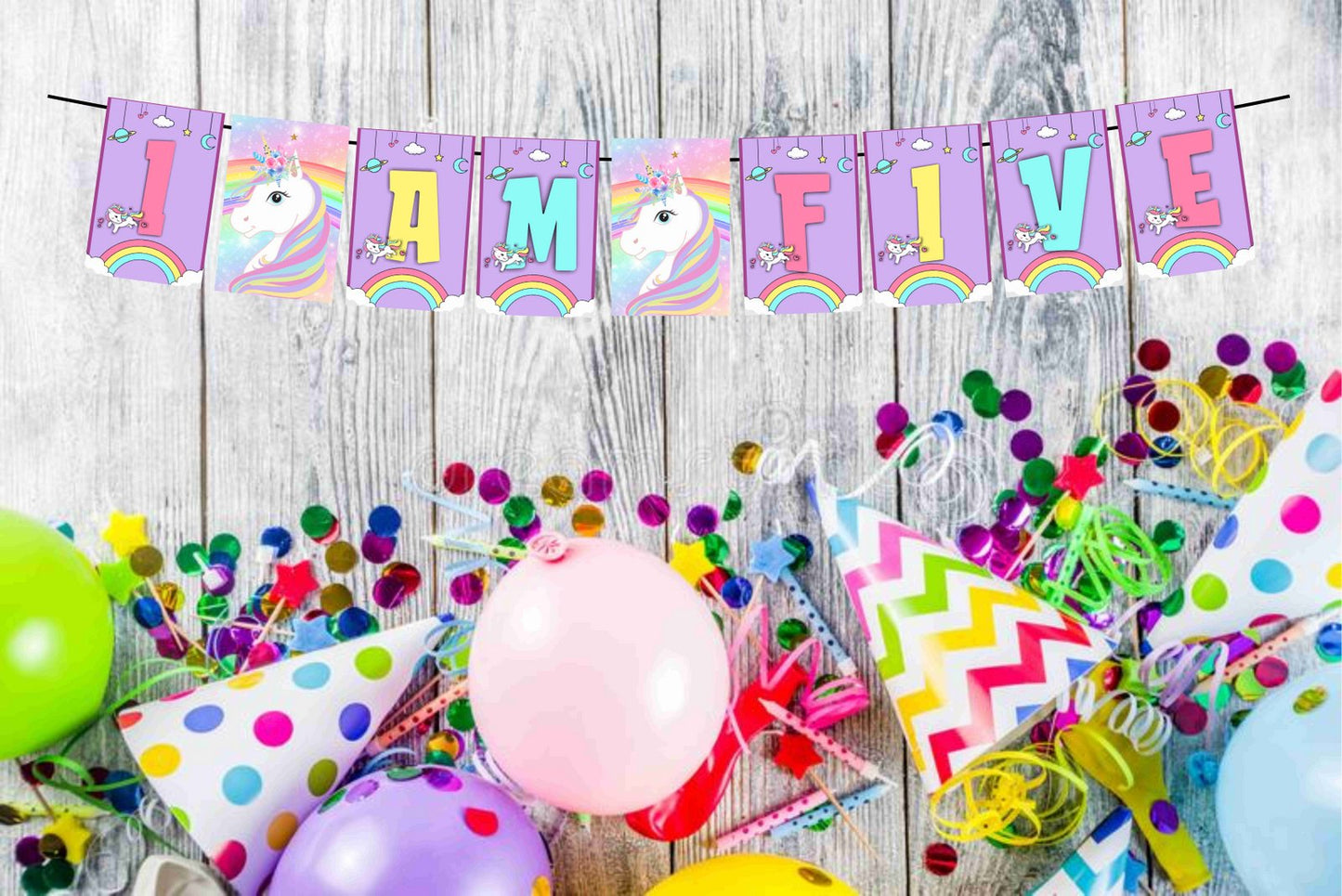Unicorn Theme I Am Five 5th Birthday Banner for Photo Shoot Backdrop and Theme Party