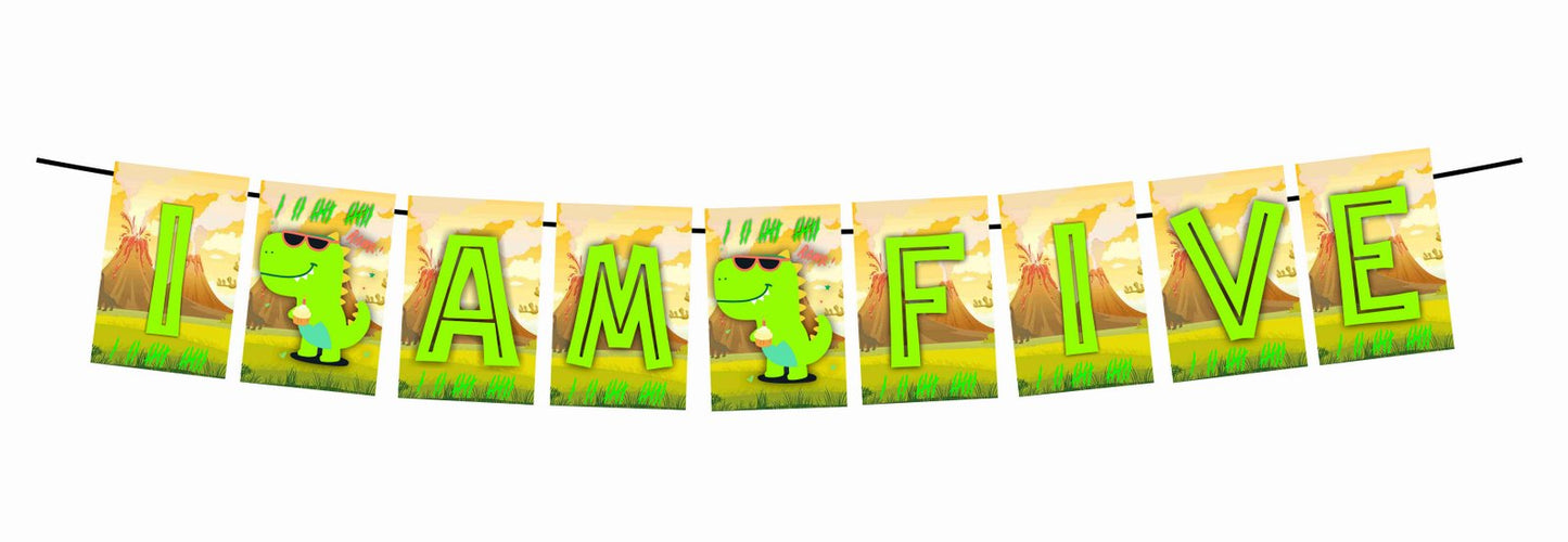 Dinosaur Theme I Am Five 5th Birthday Banner for Photo Shoot Backdrop and Theme Party