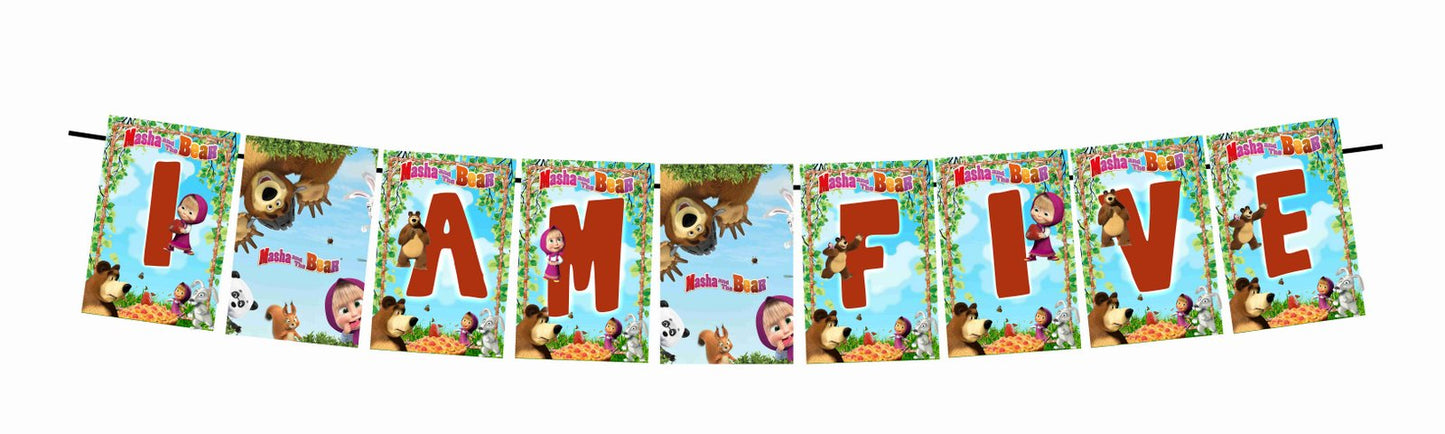 Masha Bear Theme I Am Five 5th Birthday Banner for Photo Shoot Backdrop and Theme Party