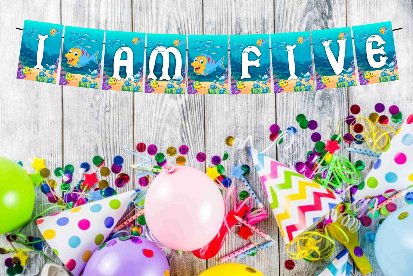 Ocean Underwater I Am Five 5th Birthday Banner for Photo Shoot Backdrop and Theme Party