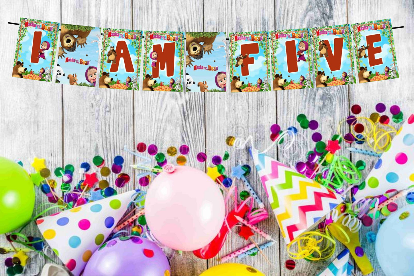 Masha Bear Theme I Am Five 5th Birthday Banner for Photo Shoot Backdrop and Theme Party
