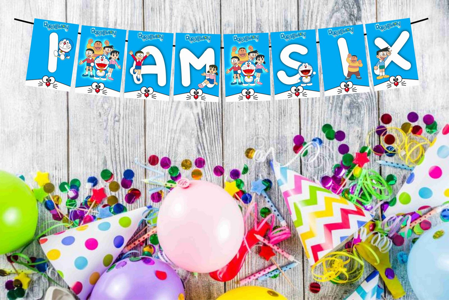 Doremon Theme I Am Six 6th Birthday Banner for Photo Shoot Backdrop and Theme Party