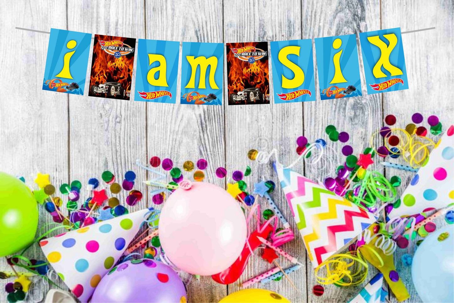 Hot Racing Wheels Theme I Am Six 6th Birthday Banner for Photo Shoot Backdrop and Theme Party
