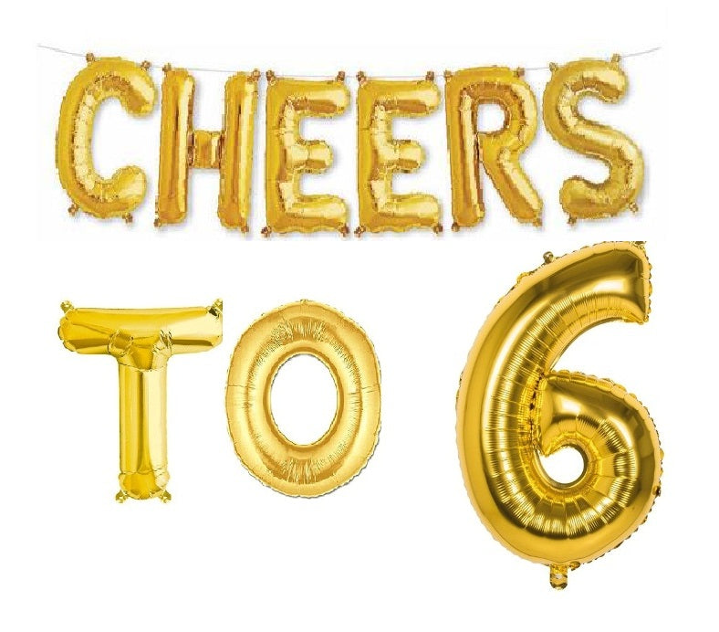 Cheers to 6 Birthday Foil Balloon Combo Party Decoration for Anniversary Celebration 16 Inches