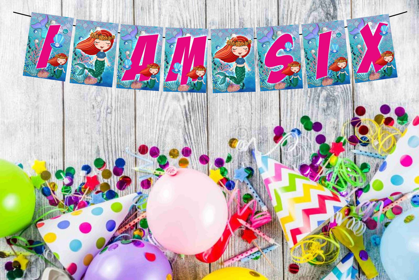 Mermaid Theme I Am Six 6th Birthday Banner for Photo Shoot Backdrop and Theme Party