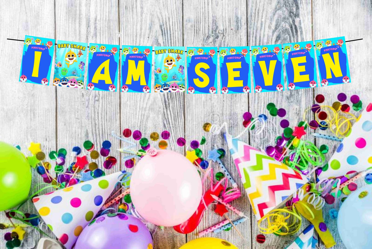Baby Shark Theme I Am Seven 7th Birthday Banner for Photo Shoot Backdrop and Theme Party