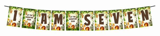Jungle Theme I Am Seven 7th Birthday Banner for Photo Shoot Backdrop and Theme Party