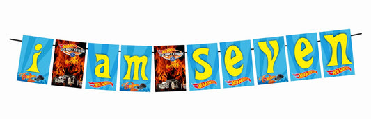 Hot Racing Wheels Theme I Am Seven 7th Birthday Banner for Photo Shoot Backdrop and Theme Party
