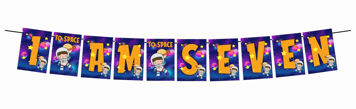 Space Theme I Am Seven 7th Birthday Banner for Photo Shoot Backdrop and Theme Party