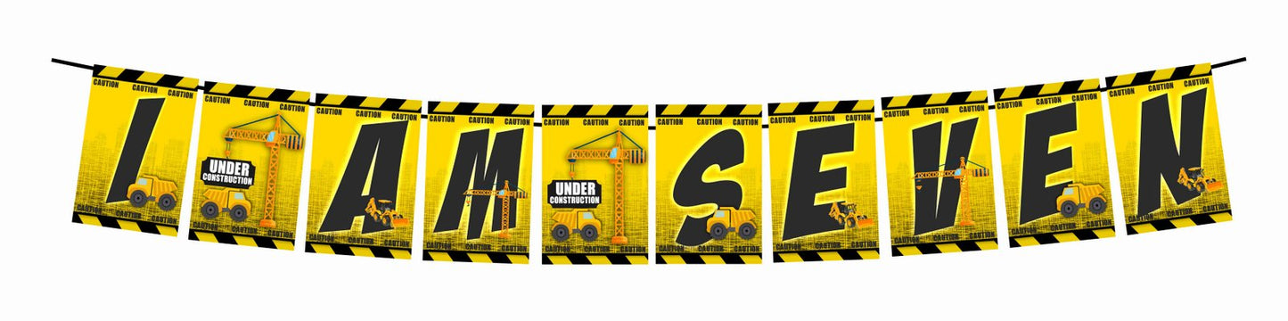 Construction Theme I Am Seven 7th Birthday Banner for Photo Shoot Backdrop and Theme Party