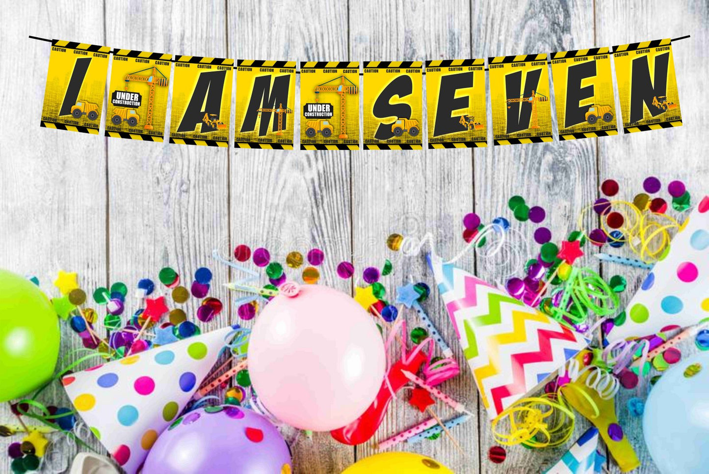 Construction Theme I Am Seven 7th Birthday Banner for Photo Shoot Backdrop and Theme Party