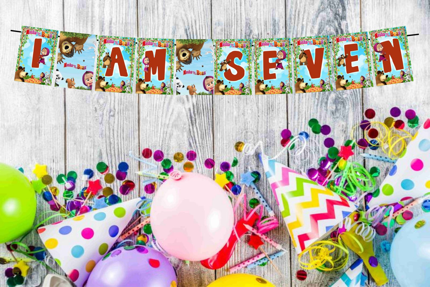Masha Bear Theme I Am Seven 7th Birthday Banner for Photo Shoot Backdrop and Theme Party