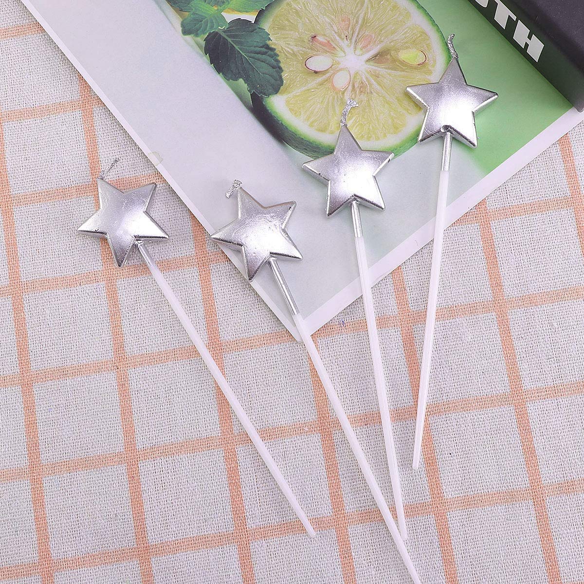 Silver Star Shape Long Stick Candle Metallic Cake Cupcake Candles Cake Candles for Birthday, Wedding Party and Cake Decoration Pack of 4