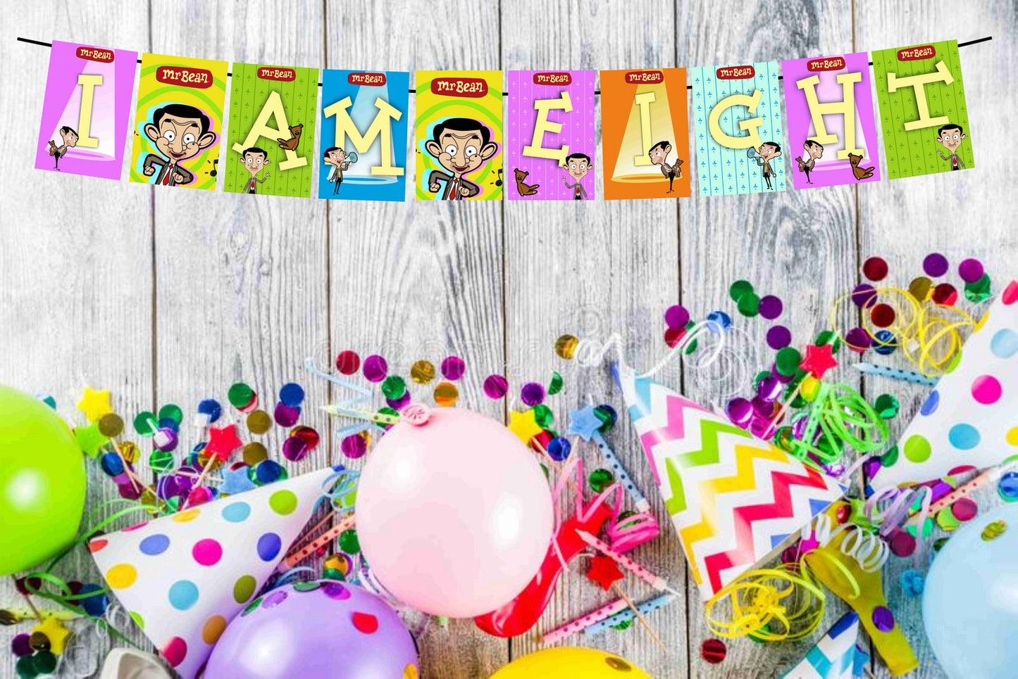 Mr Bean Theme I Am Eight 8th Birthday Banner for Photo Shoot Backdrop and Theme Party