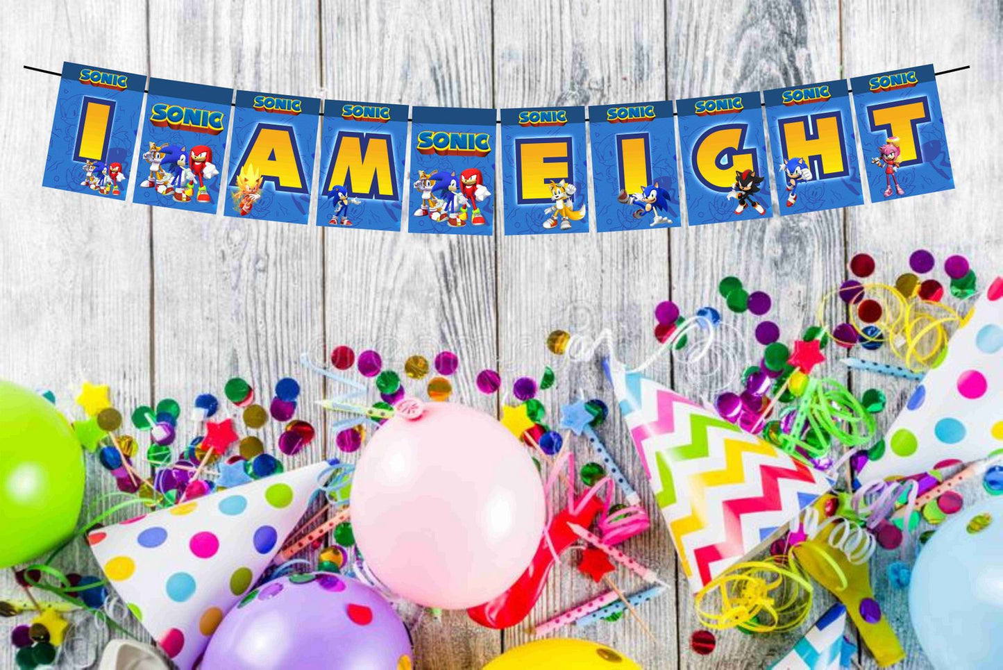 Sonic the Hedgehog I Am Eight 8th Birthday Banner for Photo Shoot Backdrop and Theme Party