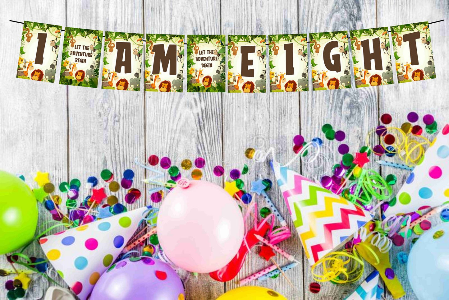 Jungle Theme I Am Eight 8th Birthday Banner for Photo Shoot Backdrop and Theme Party