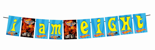 Hot Racing Wheels Theme I Am Eight 8th Birthday Banner for Photo Shoot Backdrop and Theme Party