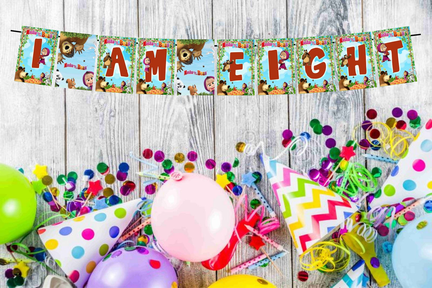 Masha Bear Theme I Am Eight 8th Birthday Banner for Photo Shoot Backdrop and Theme Party