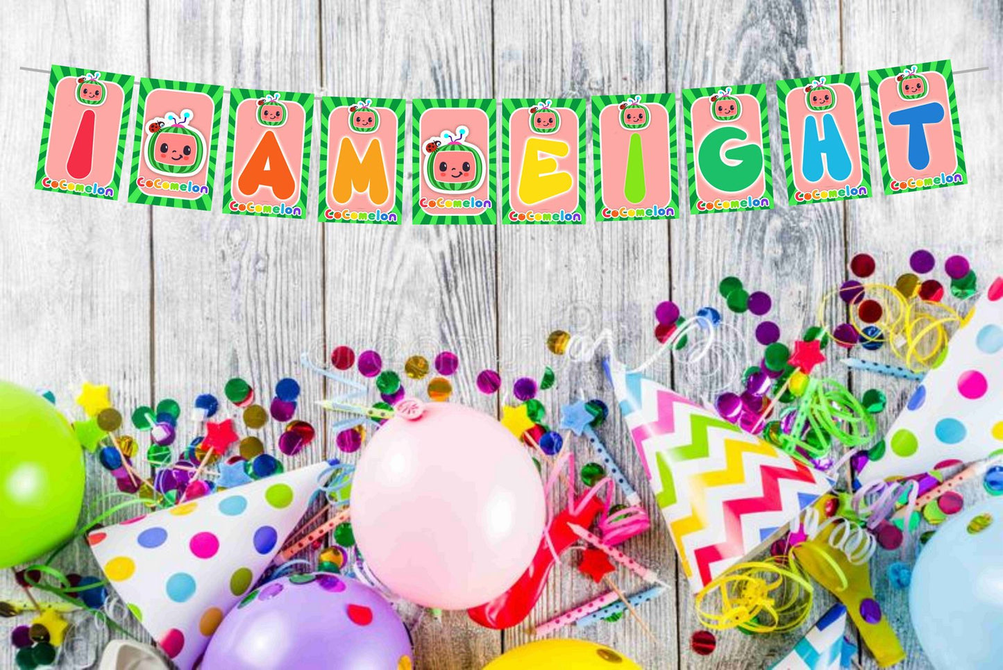 Cocomelon Theme I Am Eight 8th Birthday Banner for Photo Shoot Backdrop and Theme Party