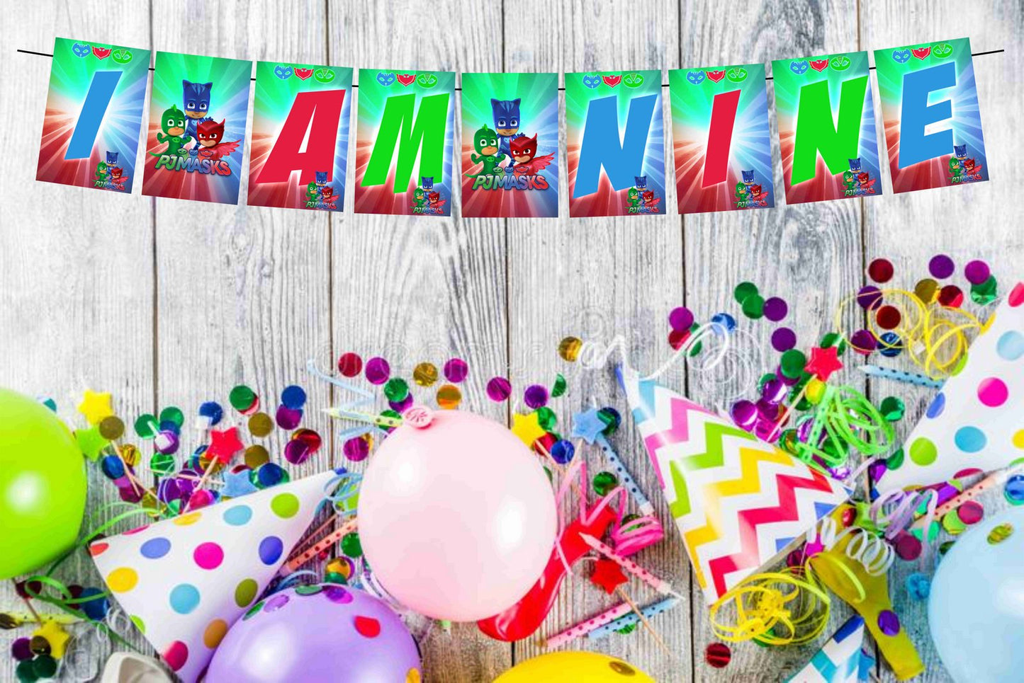 PJ Mask Theme I Am Nine 9th Birthday Banner for Photo Shoot Backdrop and Theme Party