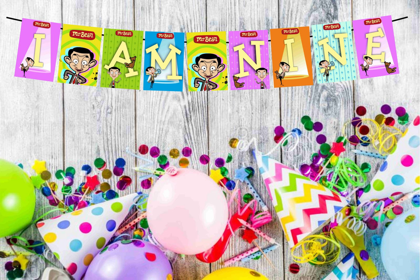 Mr Bean Theme I Am Nine 9th Birthday Banner for Photo Shoot Backdrop and Theme Party