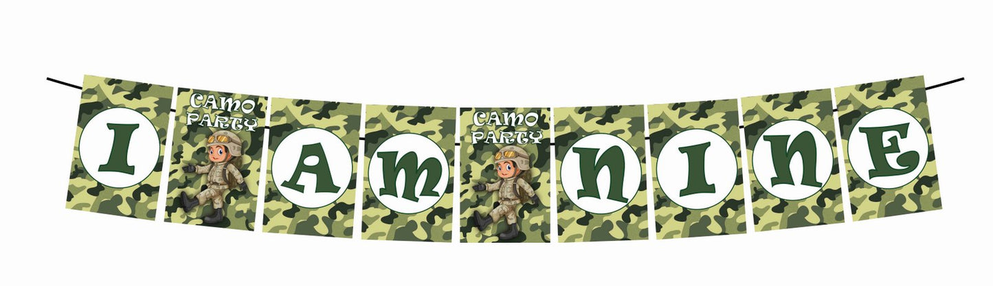 Camo Military I Am Nine 9th Birthday Banner for Photo Shoot Backdrop and Theme Party
