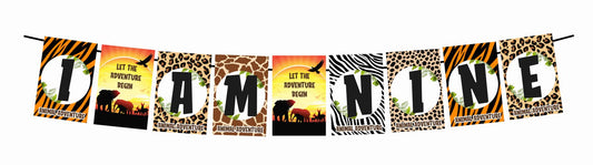 African Safari Theme I Am Nine 9th Birthday Banner for Photo Shoot Backdrop and Theme Party