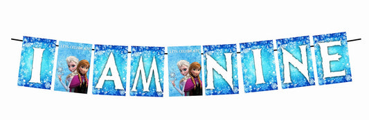 Frozen Theme I Am Nine 9th Birthday Banner for Photo Shoot Backdrop and Theme Party