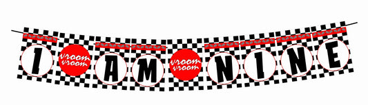 Racing Theme I Am Nine 9th Birthday Banner for Photo Shoot Backdrop and Theme Party