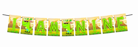 Dinosaur Theme I Am Nine 9th Birthday Banner for Photo Shoot Backdrop and Theme Party
